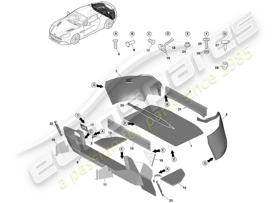 aston martin vanquish (2014) garniture du compartiment de chargement, schéma de pièces du coupé