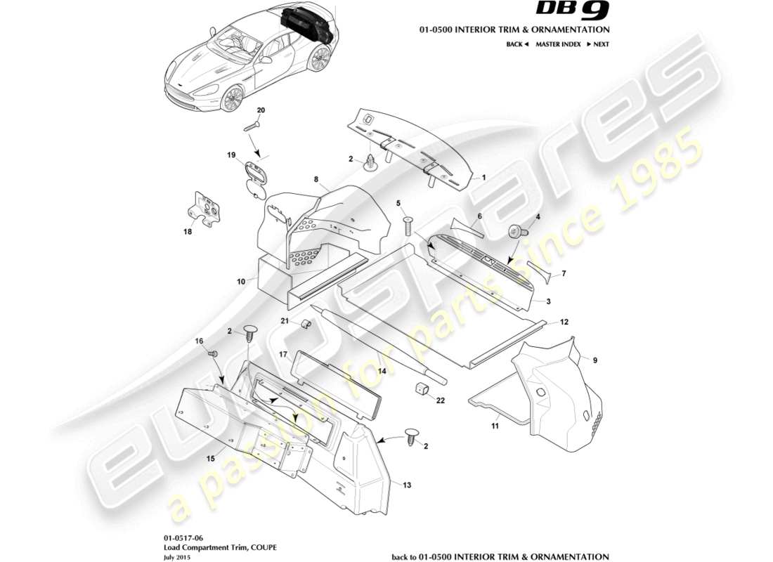 aston martin db9 (2016) garniture du compartiment de chargement, schéma de pièces du coupé