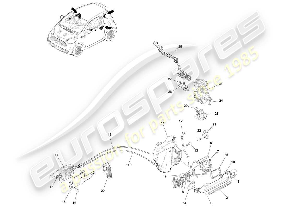 aston martin cygnet (2012) diagramme des pièces de poignée et d'actionnement