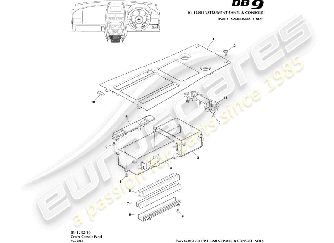 aston martin db9 (2014) diagramme des pièces du panneau de la console centrale