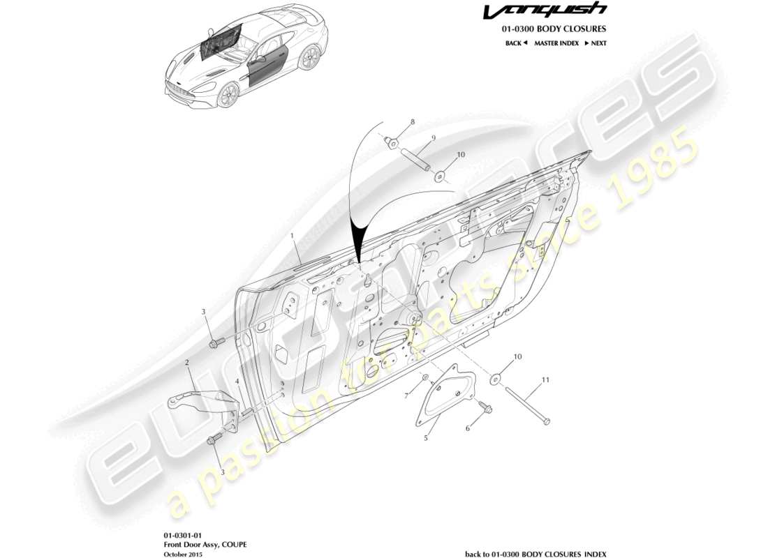 aston martin vanquish (2015) assemblage de la porte d'entrée schéma des pièces