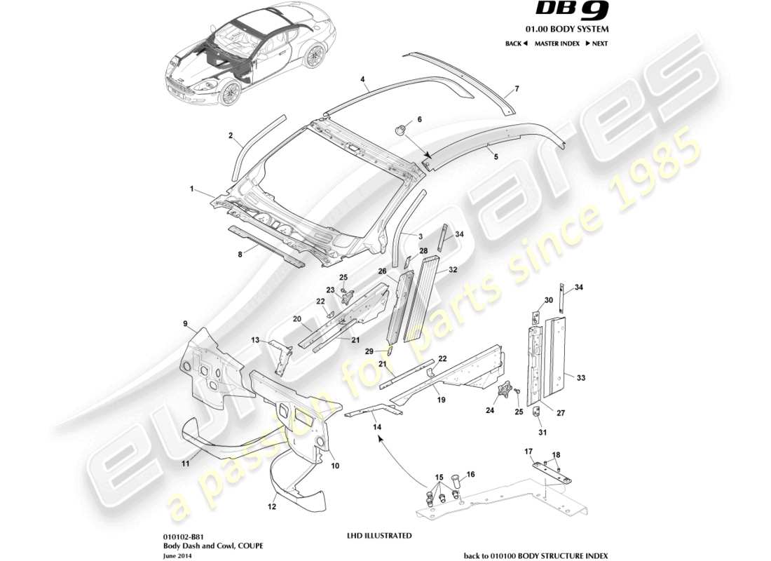 aston martin db9 (2011) tableau de bord et capot de carrosserie, diagramme de pièce du coupé