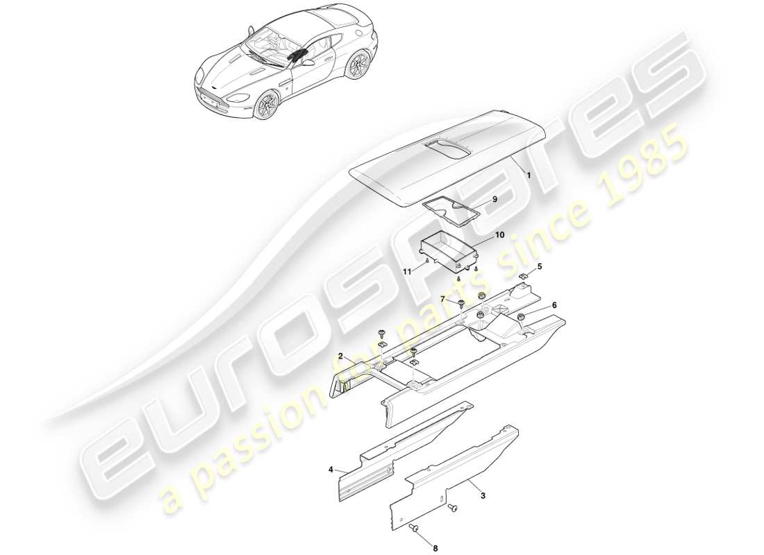 aston martin v8 vantage (2005) schéma des pièces de la console centrale sans accoudoir
