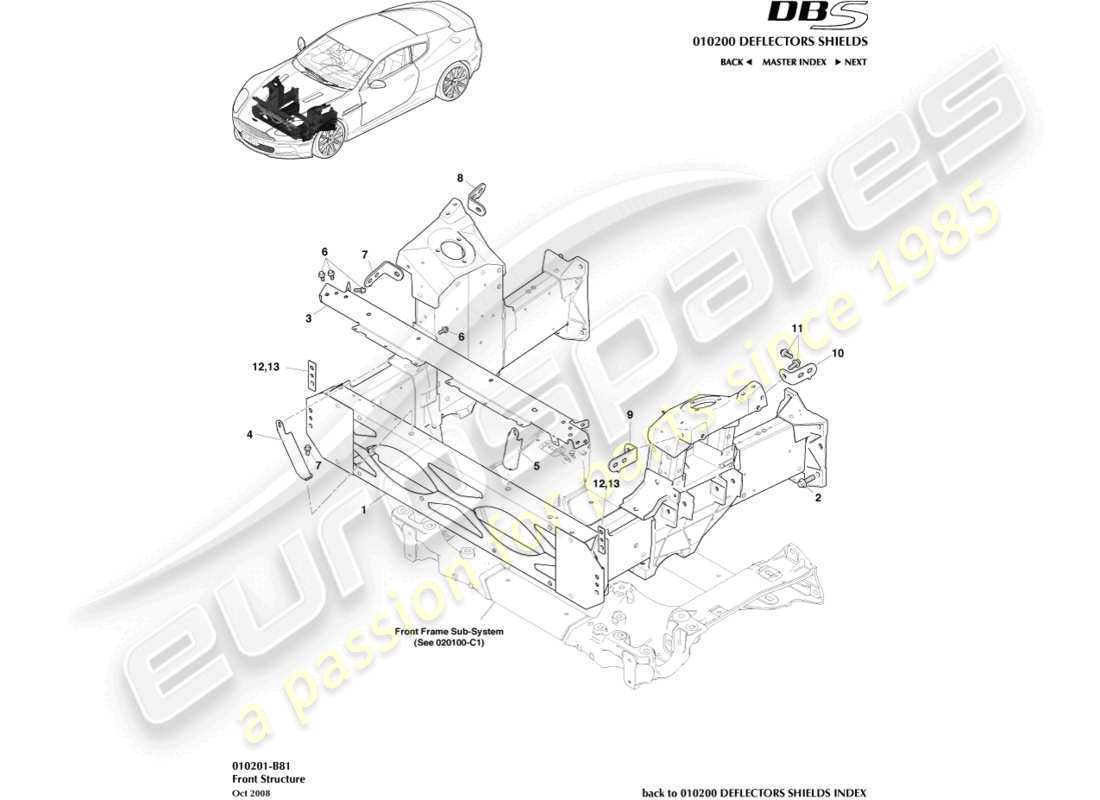 aston martin dbs (2010) diagramme des pièces de la structure avant