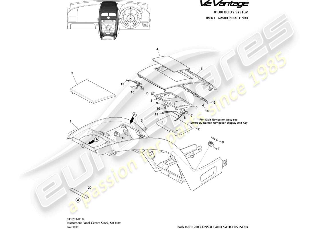 aston martin v12 vantage (2010) console centrale, avec diagramme de pièces de navigation par satellite