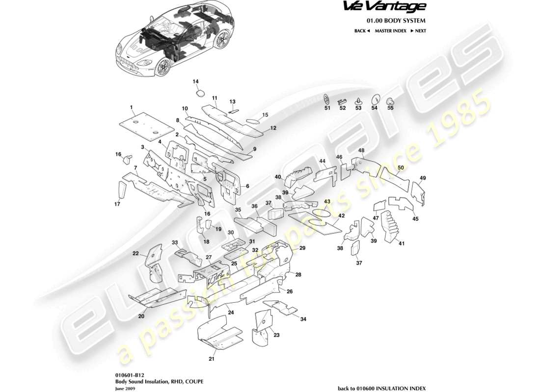 aston martin v12 vantage (2010) isolation de carrosserie, schéma de pièces du coupé rhd