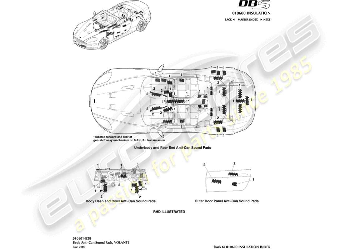 aston martin dbs (2010) coussinets sonores anti-can, diagramme de pièce volante