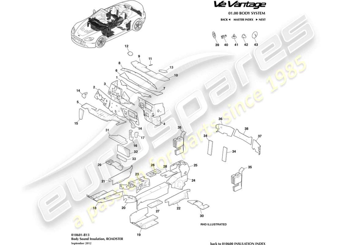 aston martin v12 vantage (2010) isolation de la carrosserie, diagramme des pièces du roadster