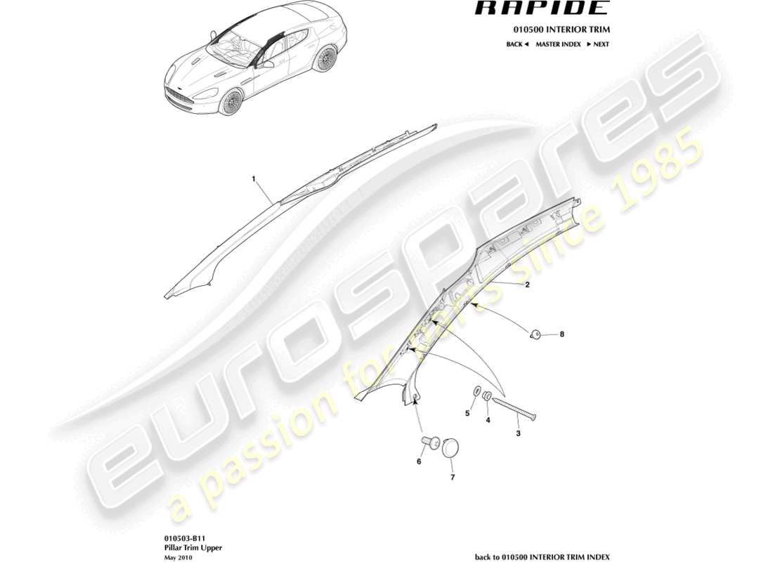 aston martin rapide (2014) un diagramme de pièce de garniture de pilier