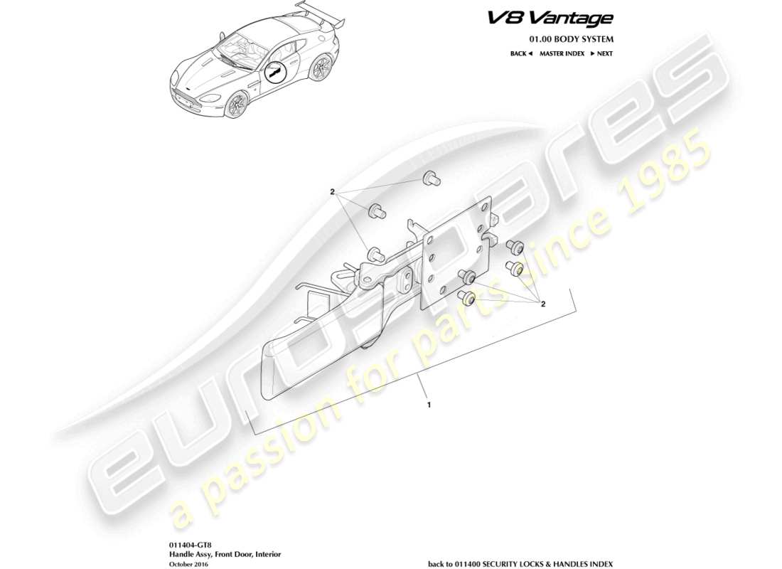 aston martin v8 vantage (2010) assemblage de poignée, gt8 diagramme de pièces