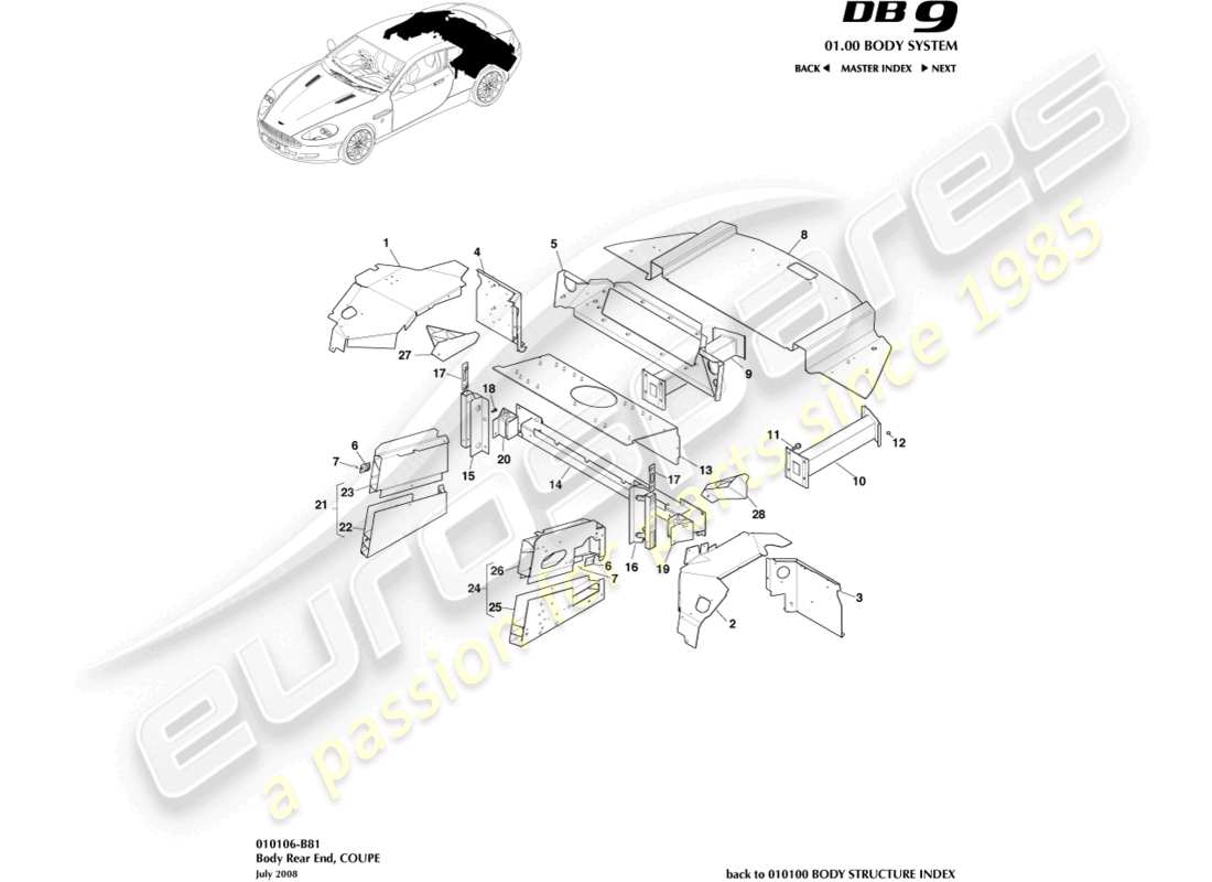 aston martin db9 (2010) extrémité arrière de carrosserie, diagramme de pièce du coupé