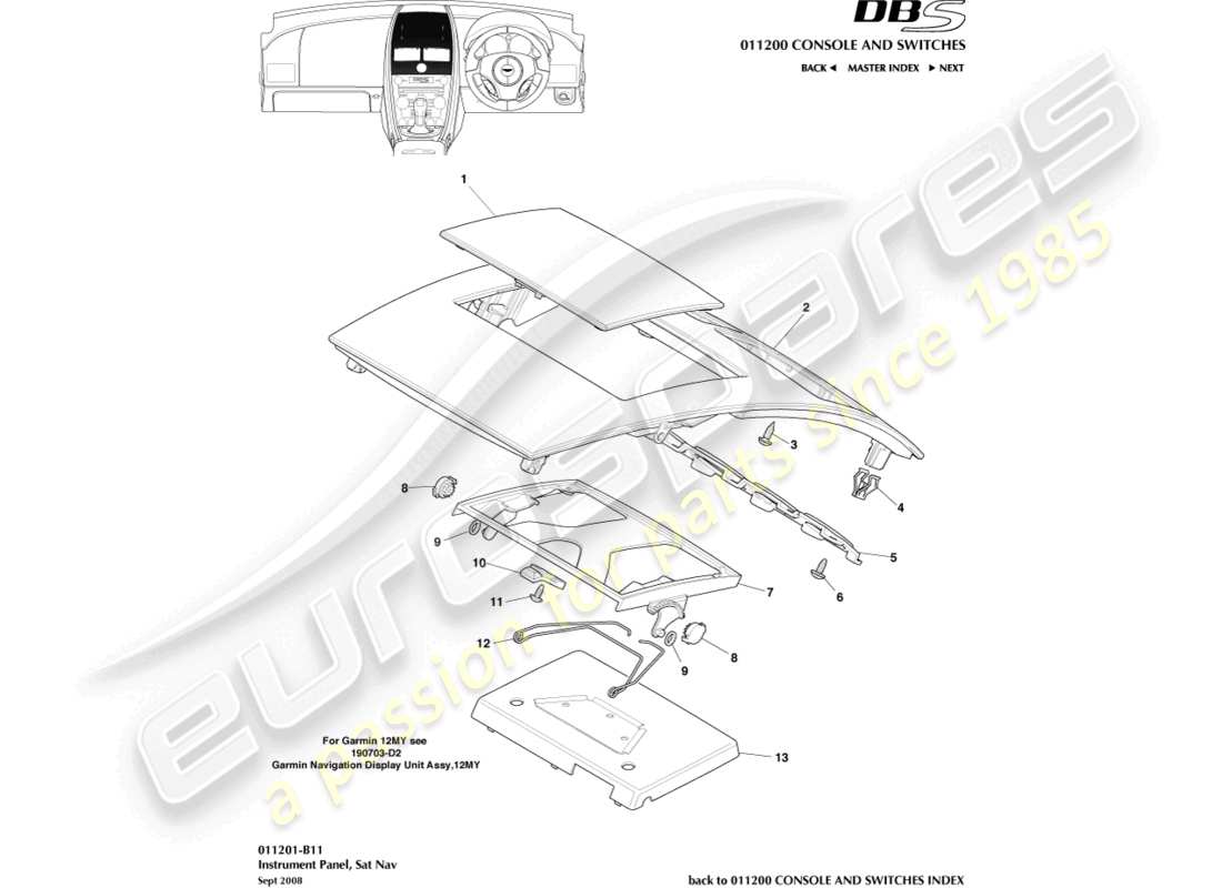aston martin dbs (2010) tableau de bord, navigation par satellite, diagramme de pièces 09my