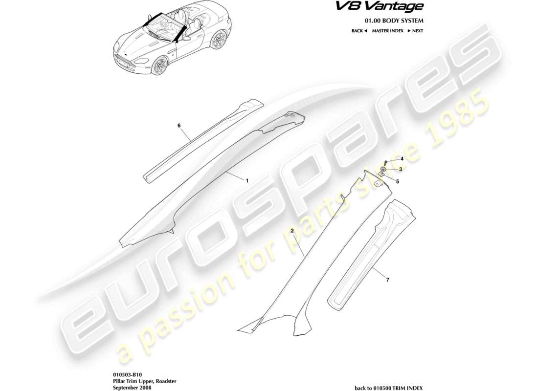 aston martin v8 vantage (2010) garniture de pilier, supérieure, diagramme de pièce du roadster