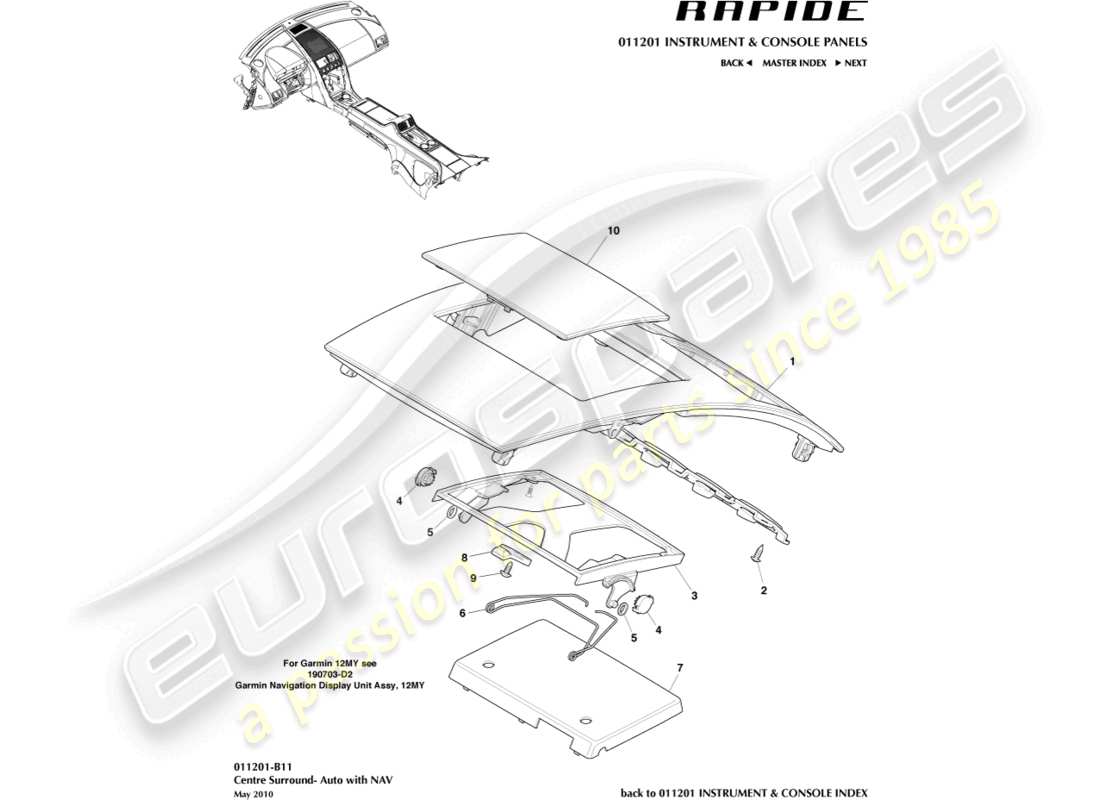 aston martin rapide (2012) diagramme des pièces du panneau de garniture de la console centrale