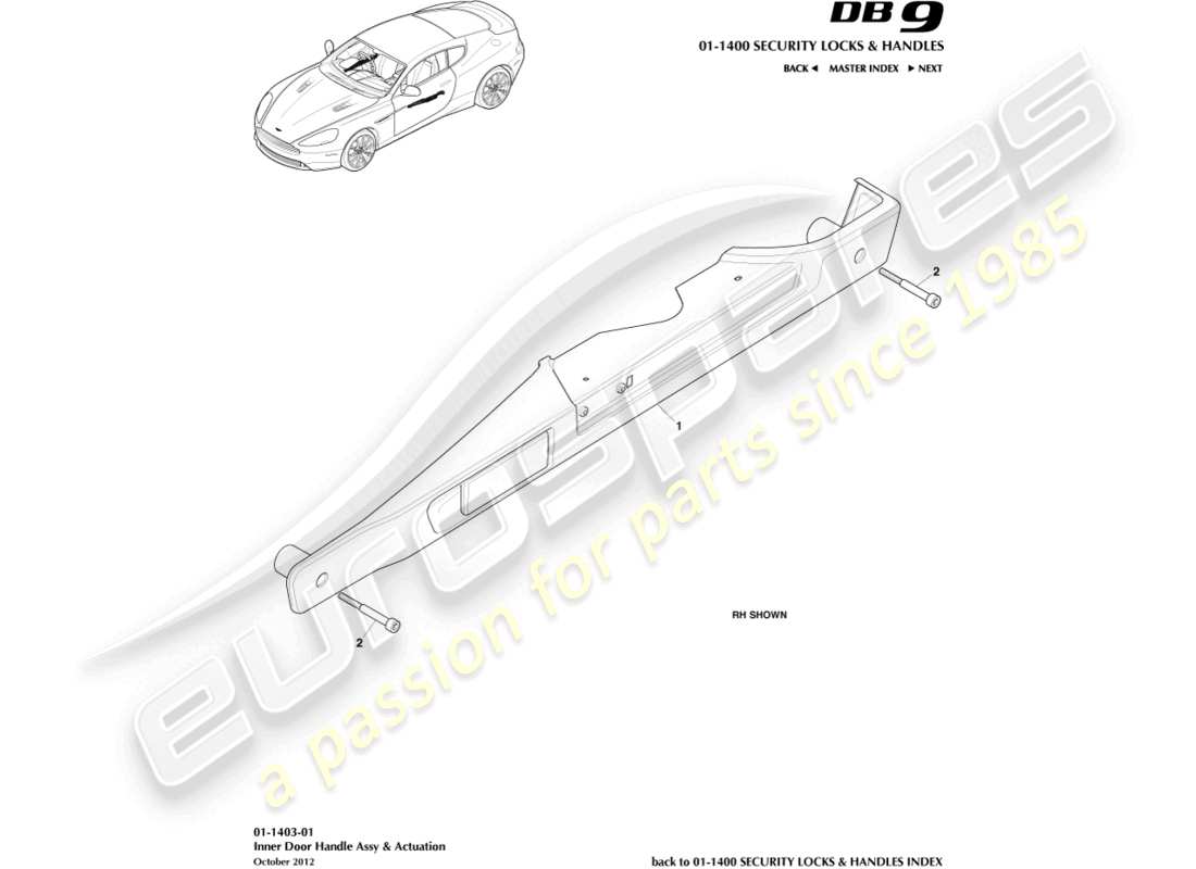 aston martin db9 (2017) diagramme des poignées intérieures et des pièces d'actionnement