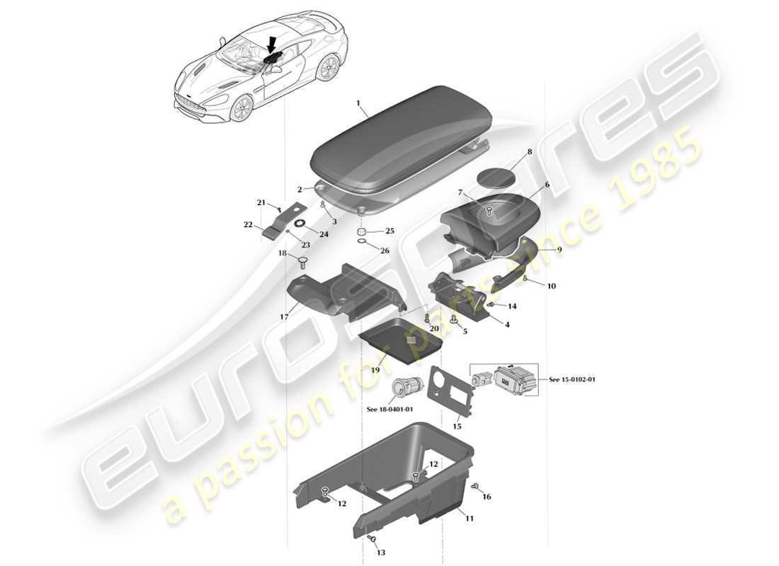 aston martin vanquish (2014) accoudoir de la console centrale, page 1 schéma des pièces