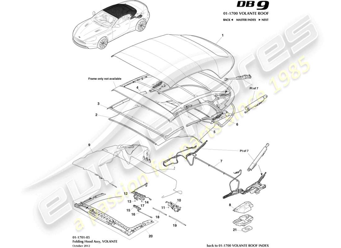 aston martin db9 (2013) schéma des pièces de l'assemblage du toit volante