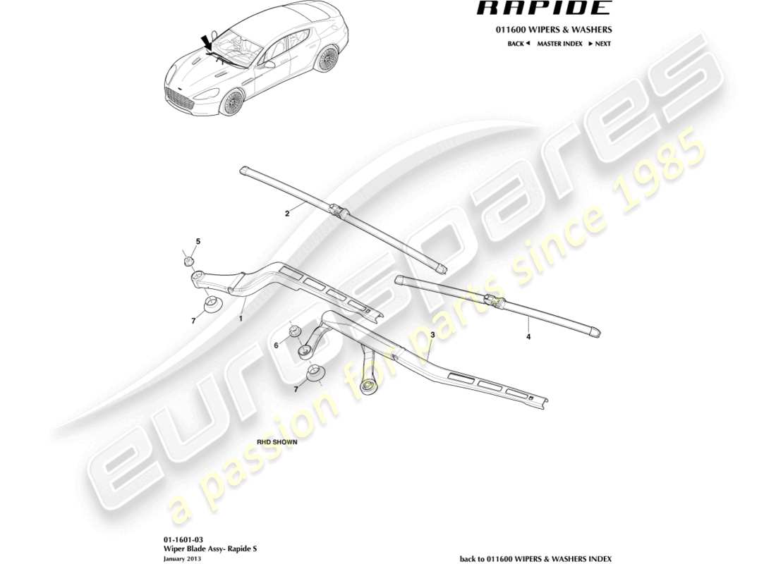 aston martin rapide (2012) ensemble balai d'essuie-glace, diagramme des pièces s