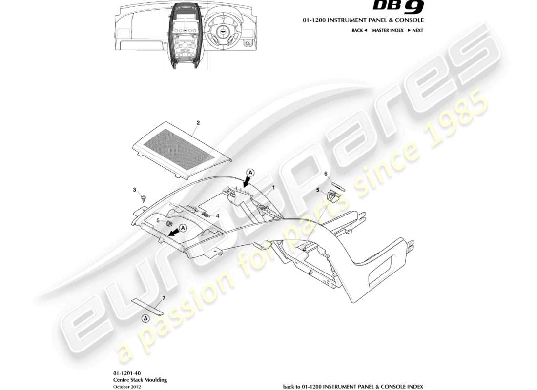 aston martin db9 (2013) diagramme des pièces de moulage de la console centrale