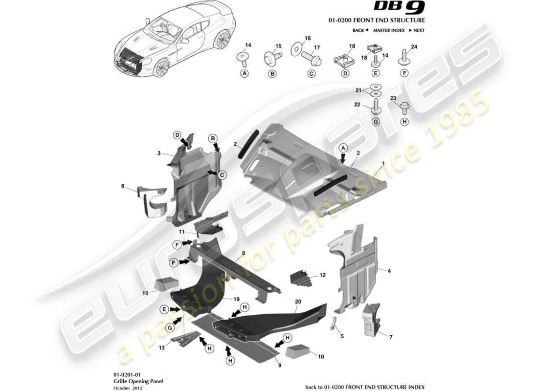 aston martin db9 (2016) diagramme des pièces du panneau d'ouverture de la grille
