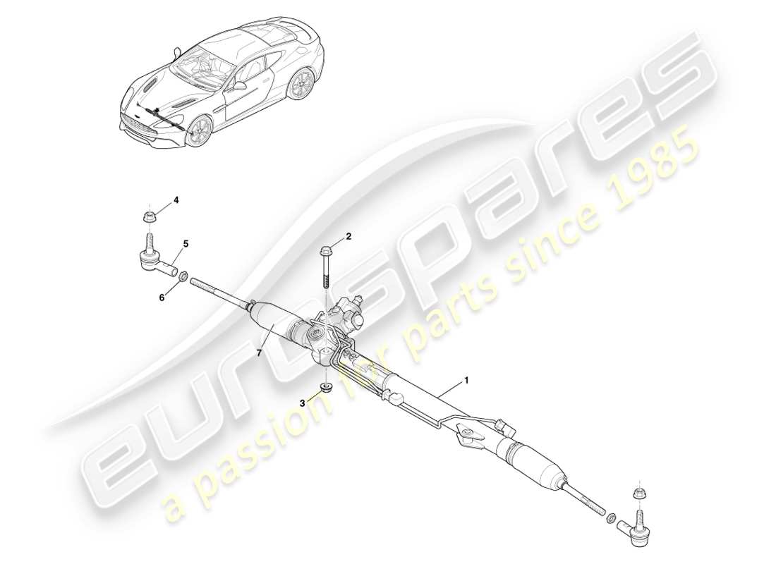 aston martin vanquish (2014) crémaillère de direction, diagramme de pièces rhd