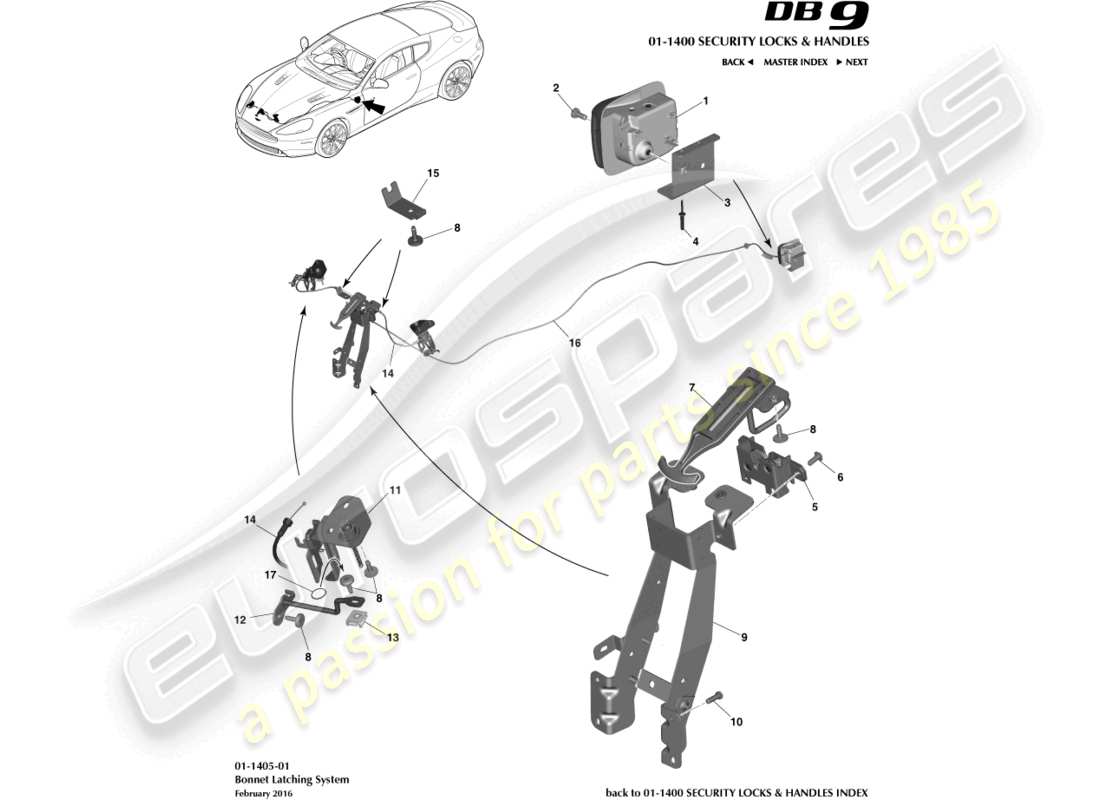 aston martin db9 (2013) schéma des pièces de verrouillage et d'actionnement du capot