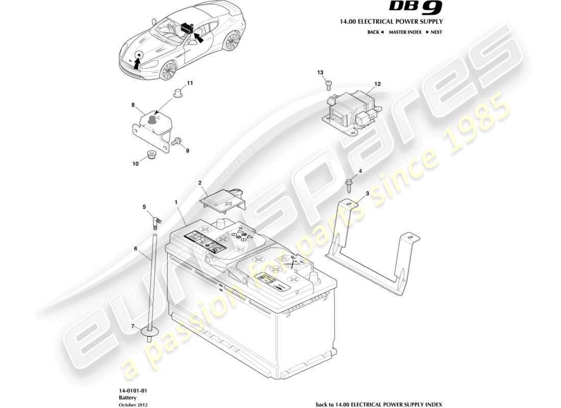 aston martin db9 (2017) diagramme des pièces de la batterie
