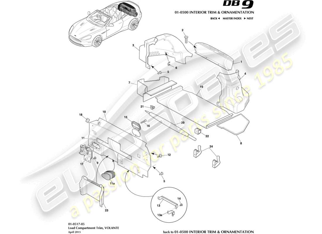 aston martin db9 (2013) garniture du compartiment de chargement, diagramme de pièce volante