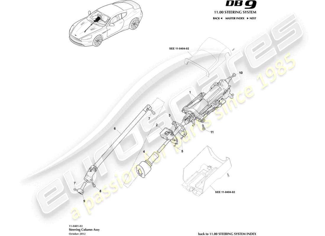 aston martin db9 (2016) schéma des pièces de l'assemblage de la colonne de direction