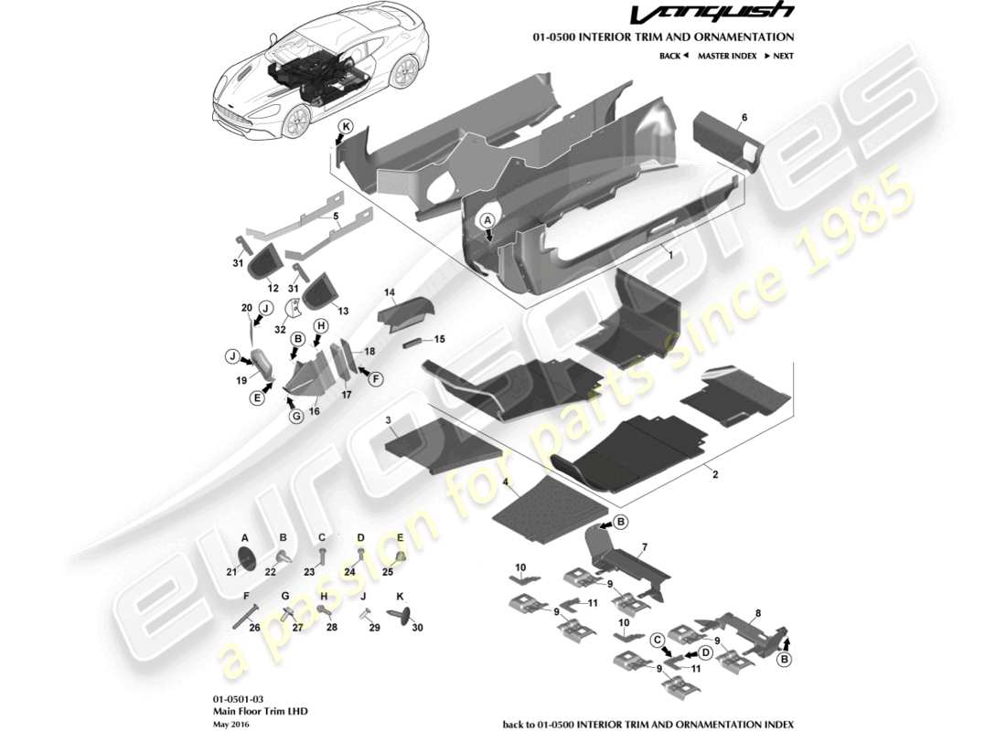 aston martin vanquish (2016) garniture de plancher principal, diagramme de pièce lhd