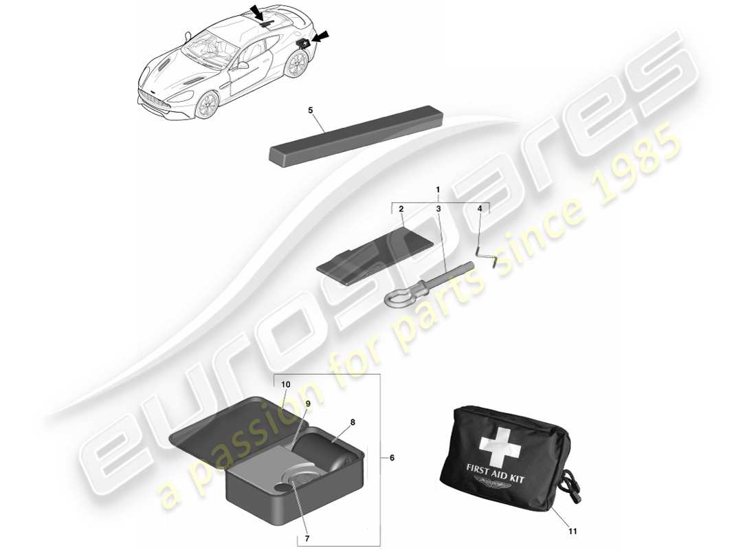 aston martin vanquish (2014) équipement d'urgence, 14.5my diagramme de pièces