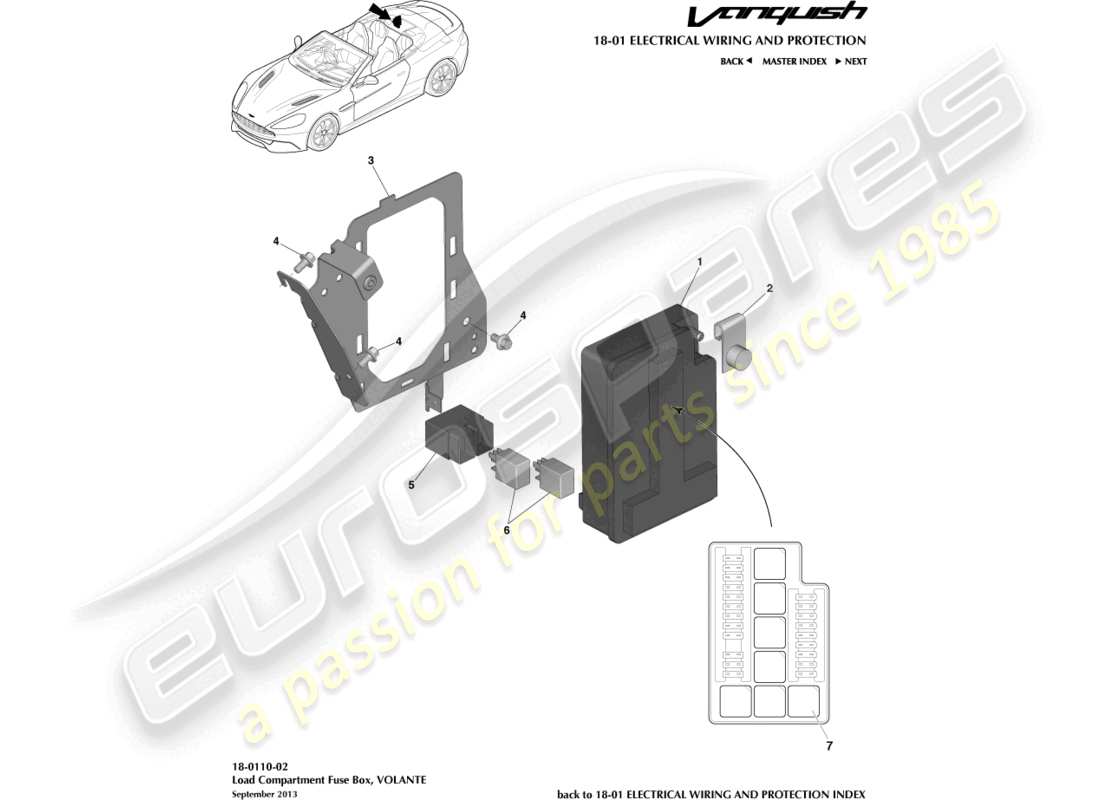 aston martin vanquish (2015) diagramme des pièces de la boîte à fusibles du compartiment de chargement
