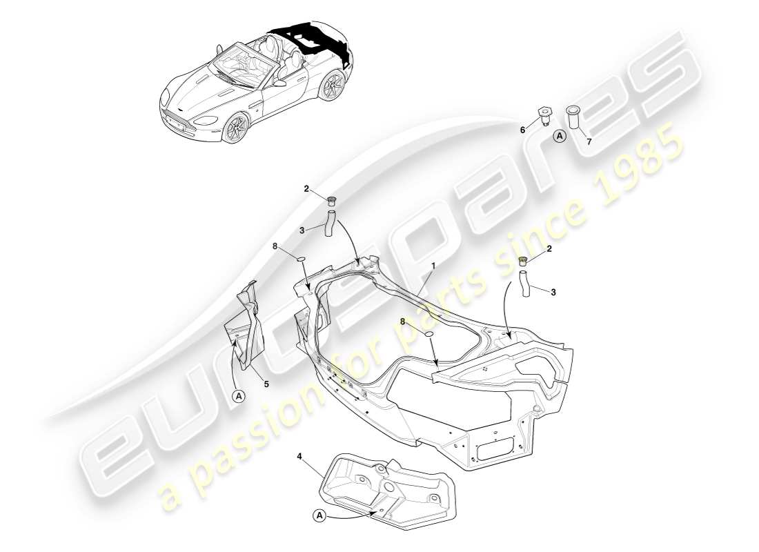 aston martin v8 vantage (2005) carrosserie arrière composite, diagramme des pièces du roadster