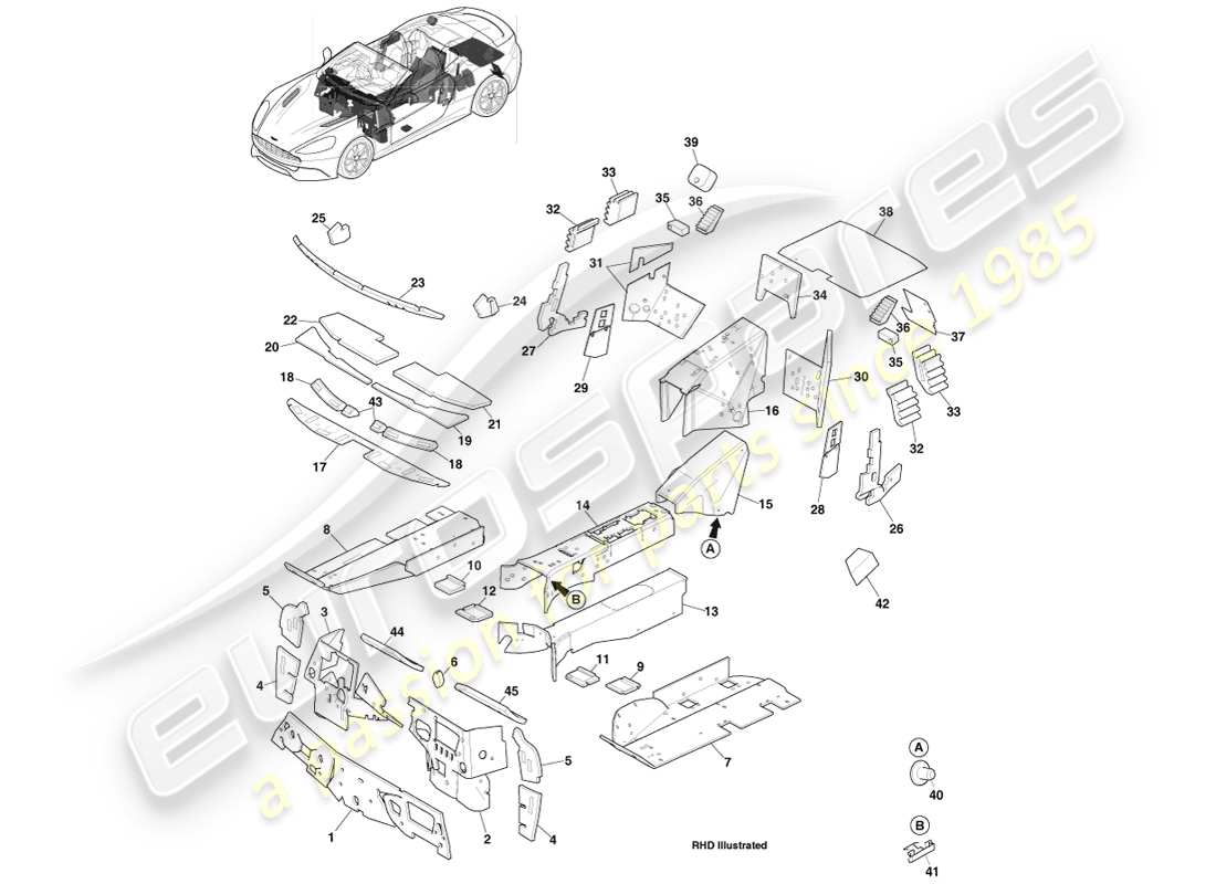 aston martin vanquish (2014) coussinets nvh, diagramme de pièce volante