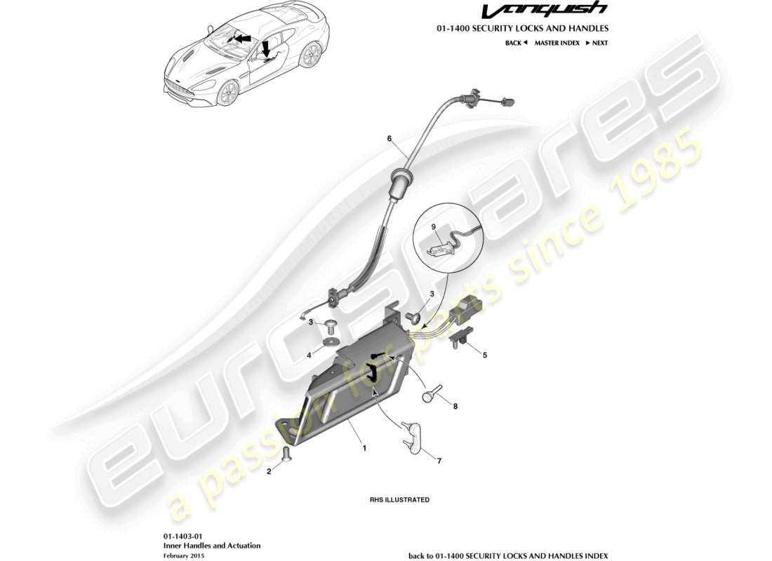 aston martin vanquish (2015) diagramme des poignées intérieures et des pièces d'actionnement