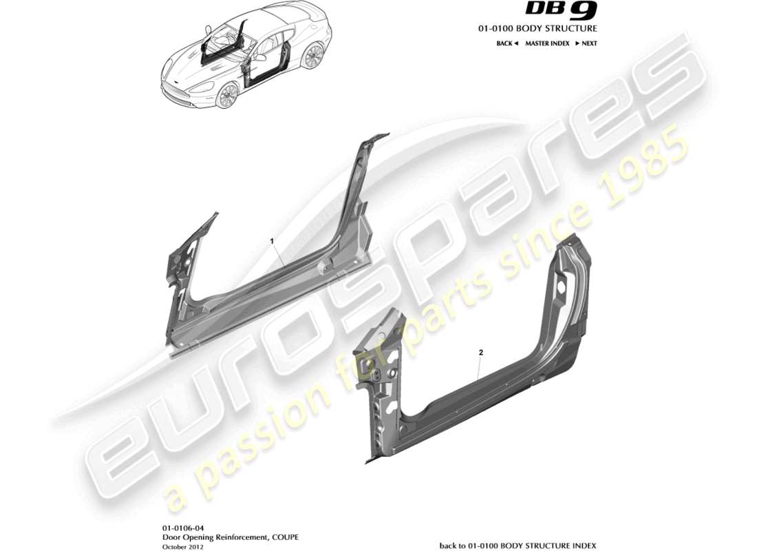 aston martin db9 (2013) cadre d'ouverture de porte, diagramme de pièce de coupé