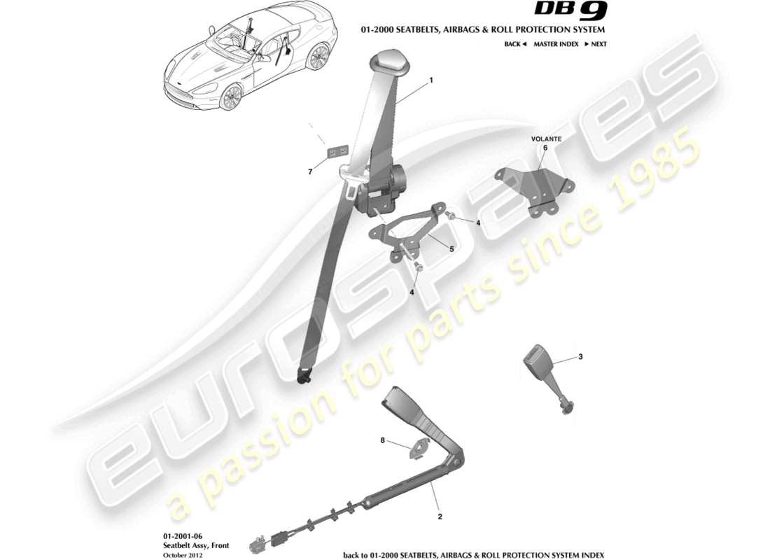 aston martin db9 (2013) schéma des pièces des ceintures de sécurité avant
