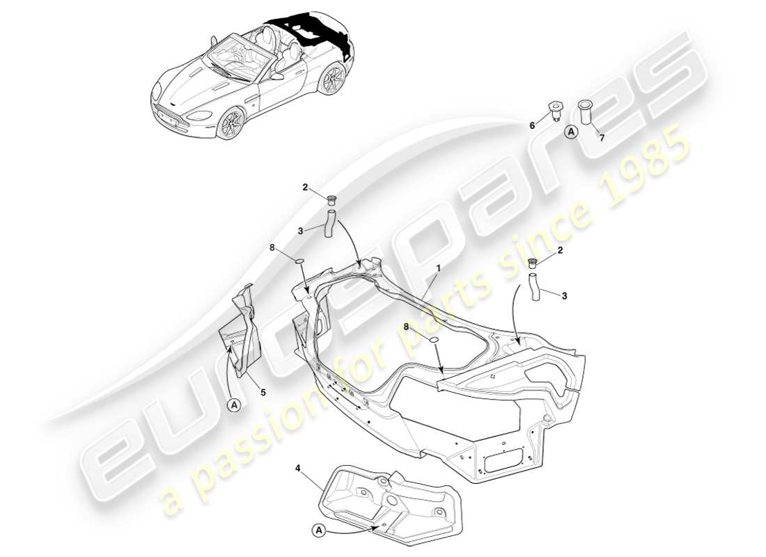 aston martin v8 vantage (2007) carrosserie arrière composite, diagramme des pièces du roadster
