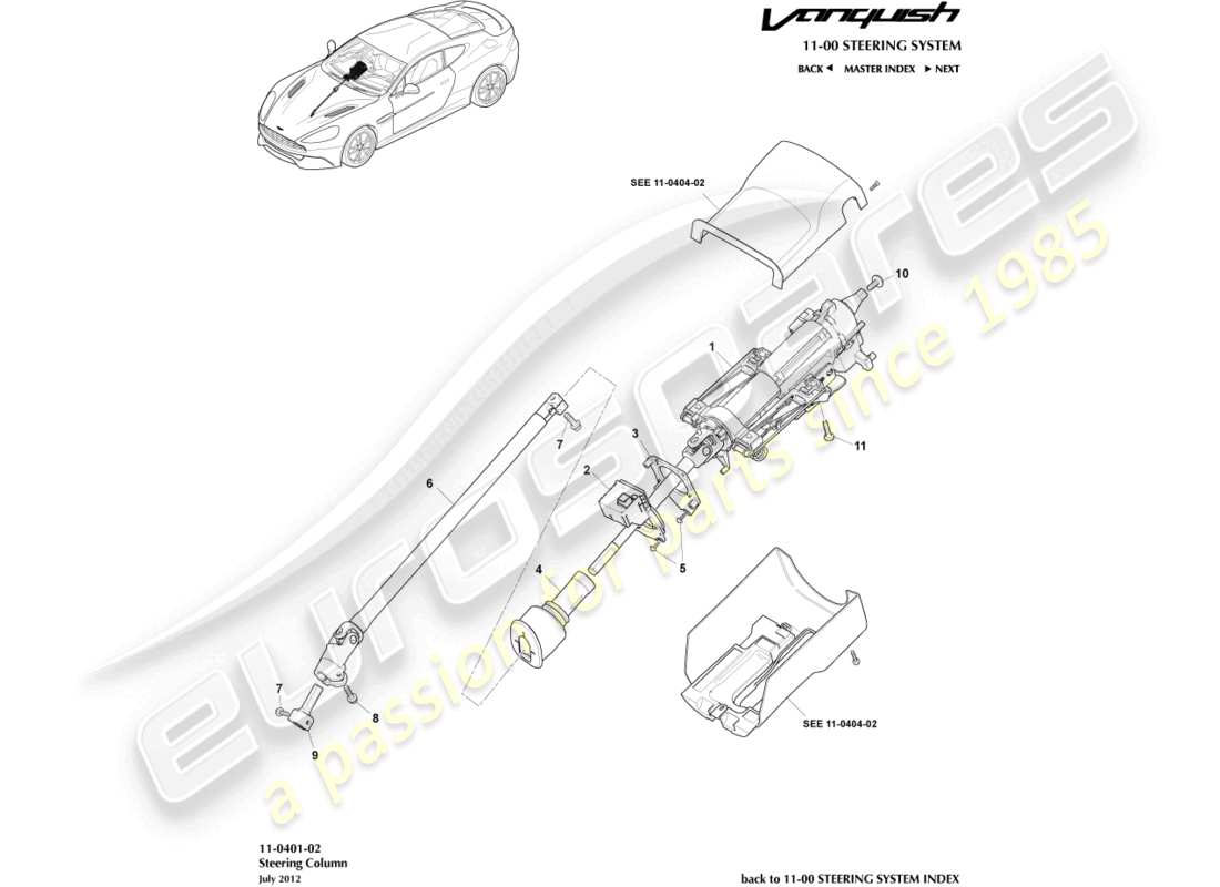 aston martin vanquish (2018) assemblage de colonne de direction schéma des pièces