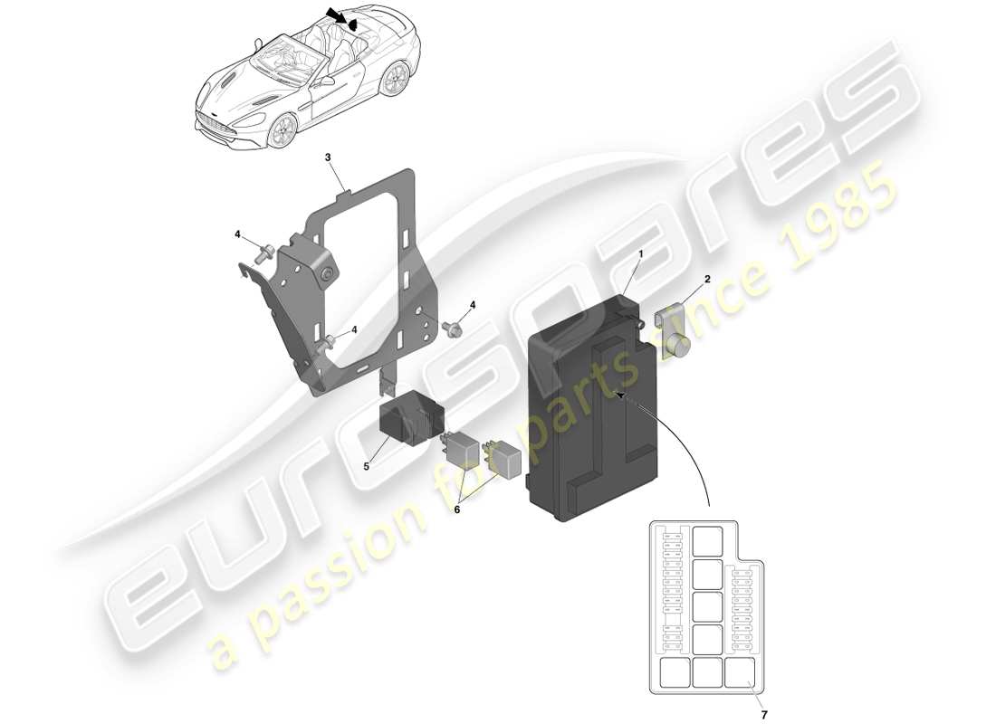 aston martin vanquish (2014) boîte à fusibles du compartiment de chargement schéma des pièces