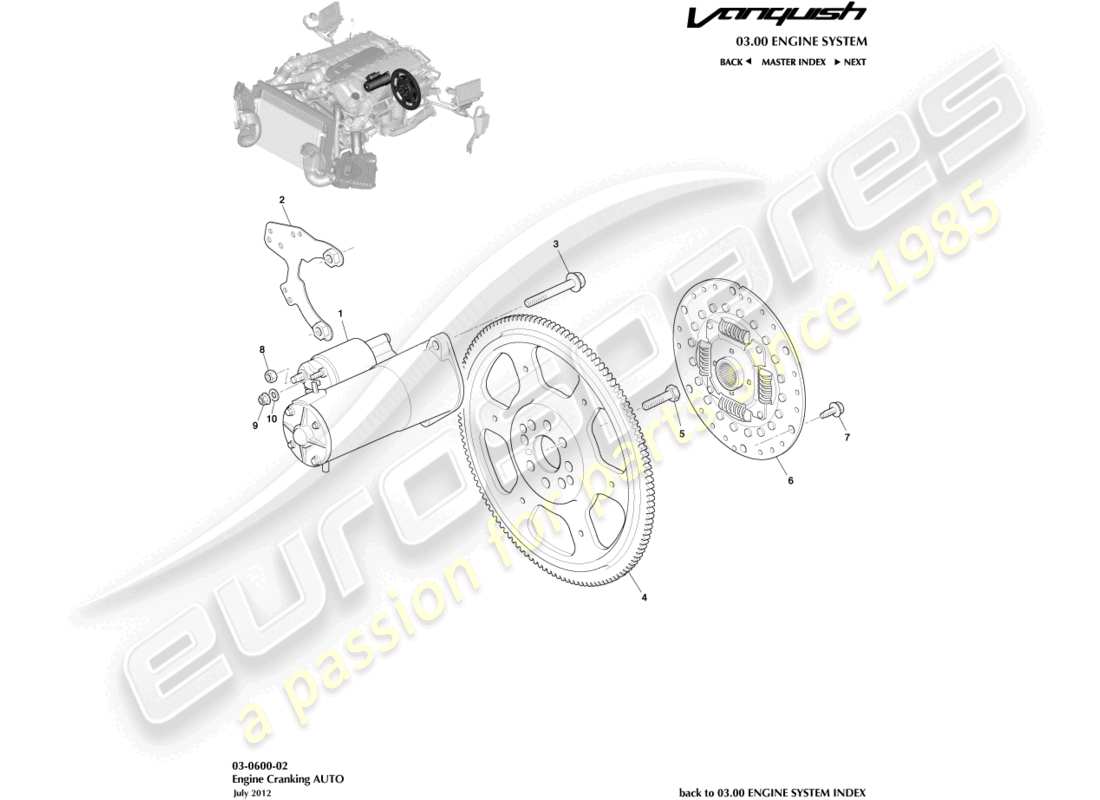 aston martin vanquish (2016) démarrage du moteur, diagramme de pièce automobile