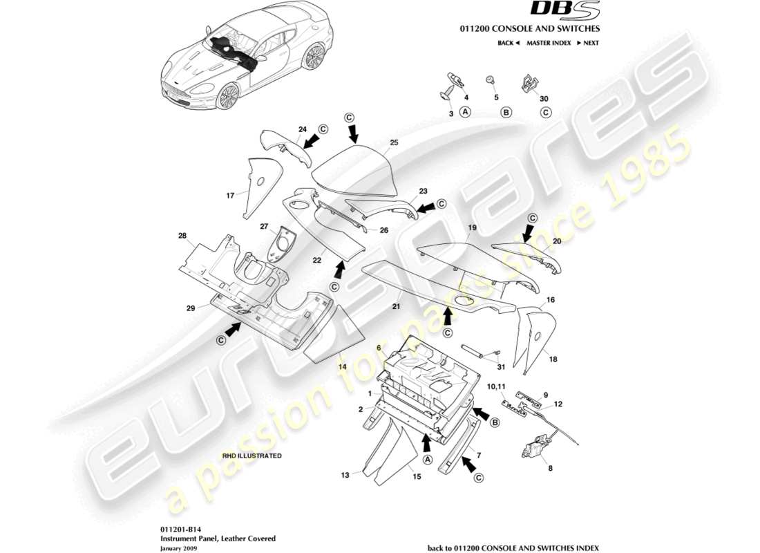 aston martin dbs (2010) tableau de bord, cuir, diagramme des pièces b&o