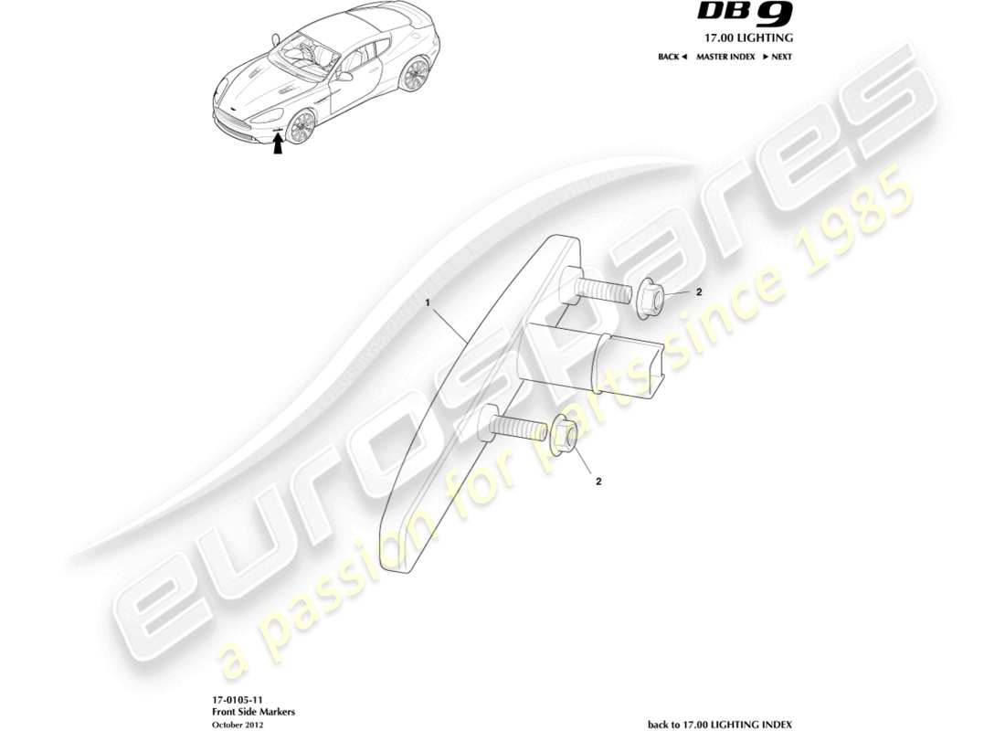 aston martin db9 (2013) diagramme des pièces des marqueurs latéraux avant