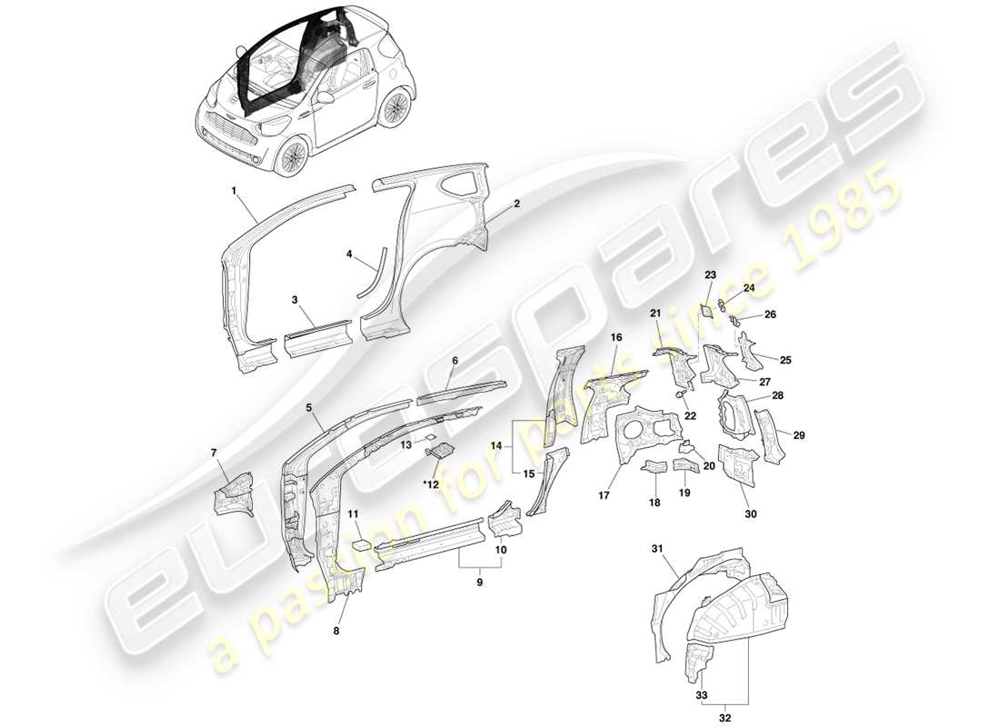aston martin cygnet (2012) panneau latéral et custode, diagramme des pièces rhs