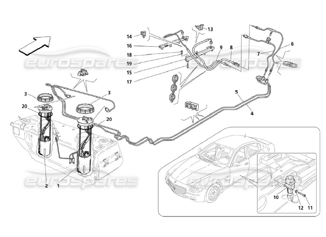 maserati qtp. (2006) 4.2 pompes à carburant et tuyauterie - diagramme de pièces valable jusqu'à la voiture 24274