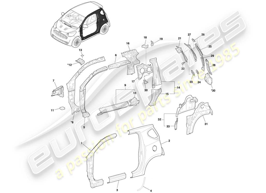 aston martin cygnet (2012) panneau latéral et custode, diagramme des pièces lhs