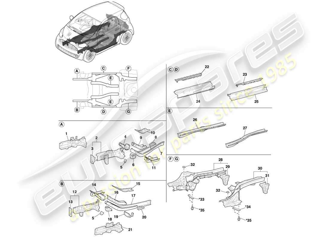 aston martin cygnet (2012) éléments latéraux de plancher schéma des pièces