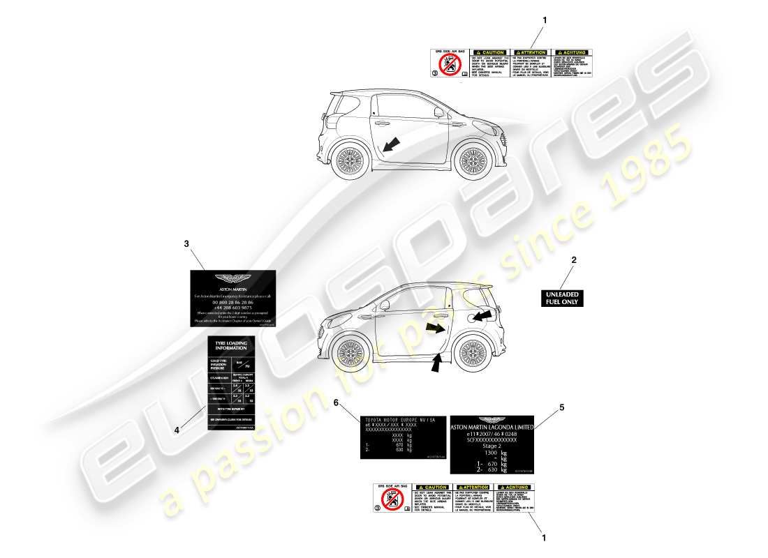 aston martin cygnet (2012) schéma des pièces des étiquettes extérieures