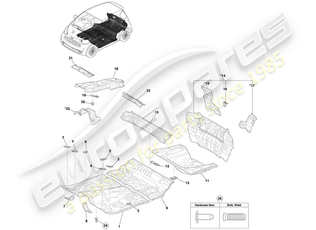 aston martin cygnet (2012) schéma des pièces du panneau de plancher et du panneau arrière inférieur