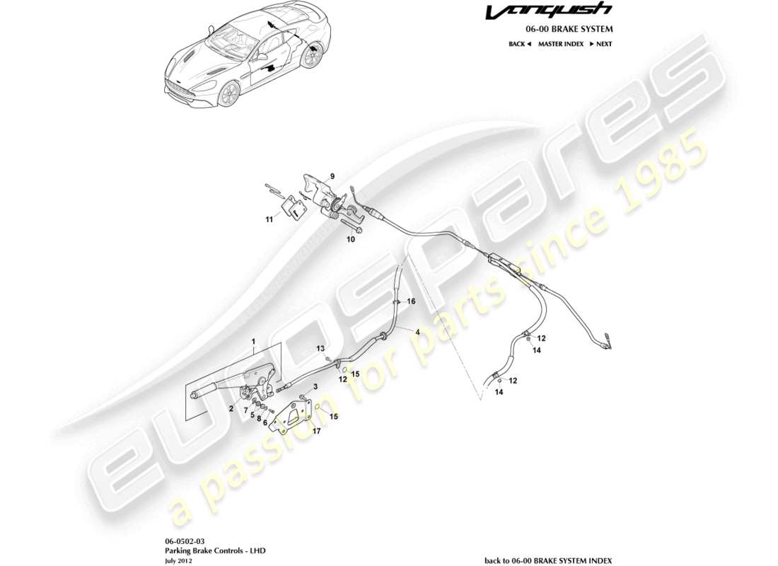 aston martin vanquish (2016) frein de stationnement, diagramme de pièces lhd